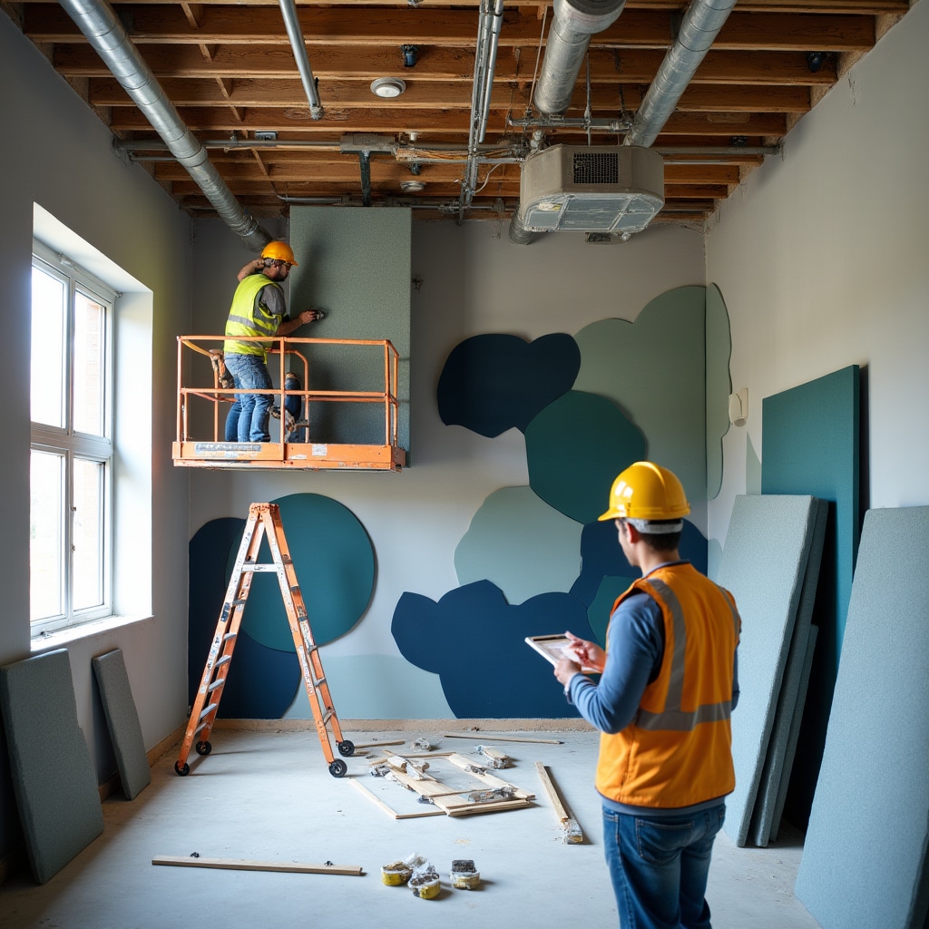 Installation of acoustic treatment panels on walls and ceiling