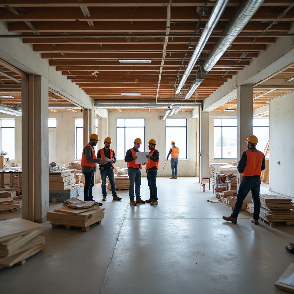 Construction site showing installation progress with workers and materials