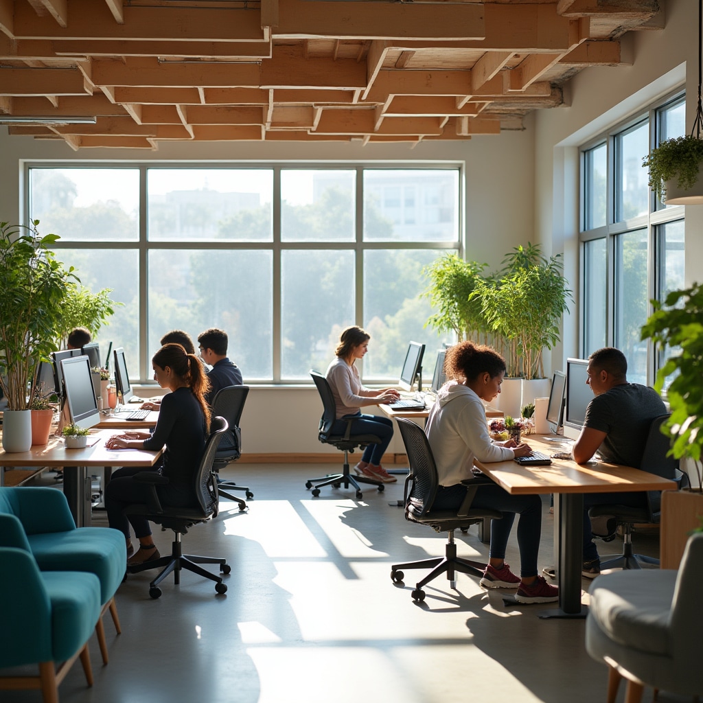 Modern coworking space with natural lighting and collaborative work areas