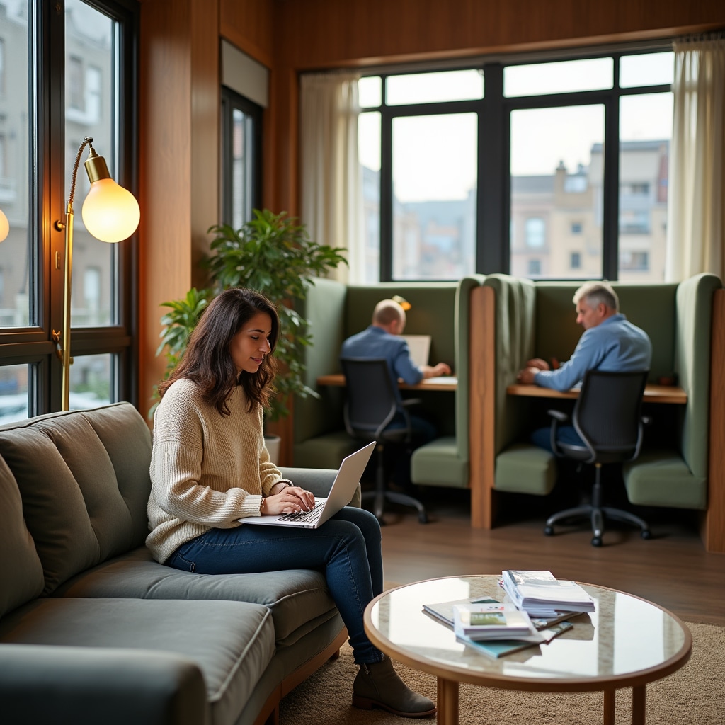 Residential building coworking lounge with comfortable seating and work areas