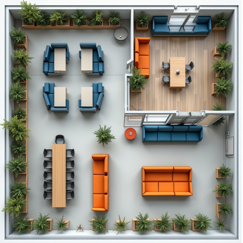 Detailed workspace layout showing furniture arrangement and traffic flow patterns